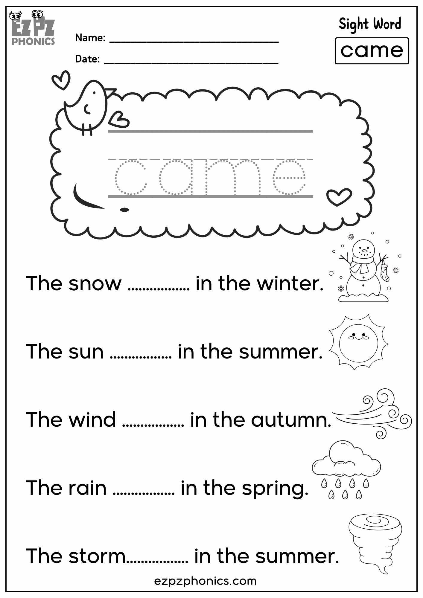 “Came” Sight Word Sentences – Fun Dolch Sight Words Practice for Kindergarten & First Grade - PDF Download